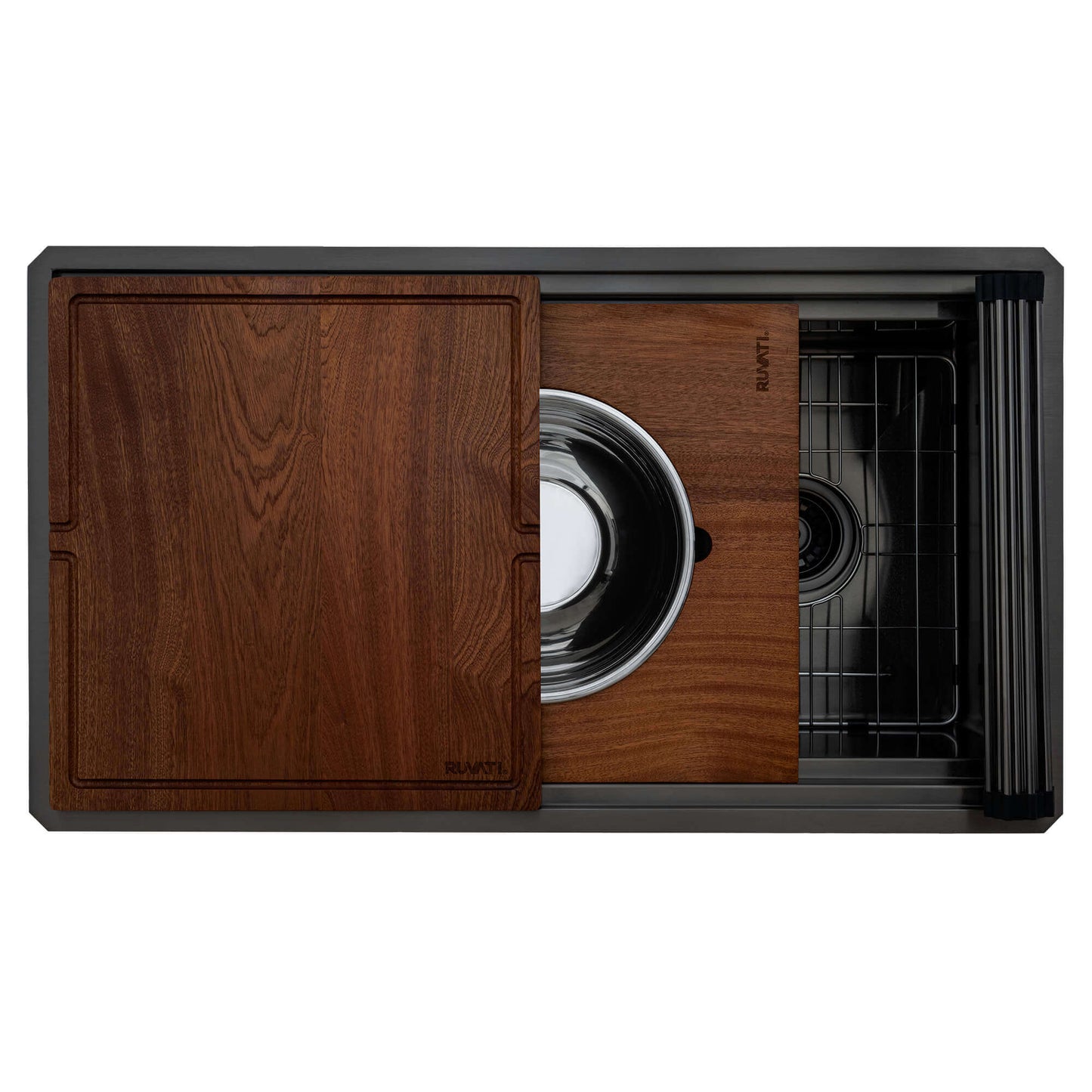 Ruvati 33" Dual-Tier Pro Workstation Kitchen Sink Undermount - RVH6222 with wooden cutting board and sink accessories.