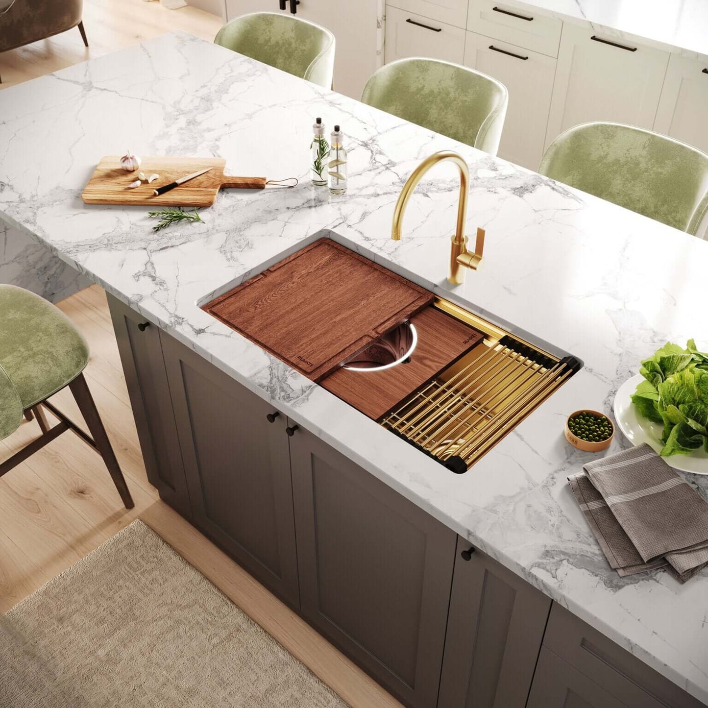 Ruvati 33" Dual-Tier Pro Workstation Kitchen Sink Undermount - RVH6222 installed in a modern kitchen countertop.