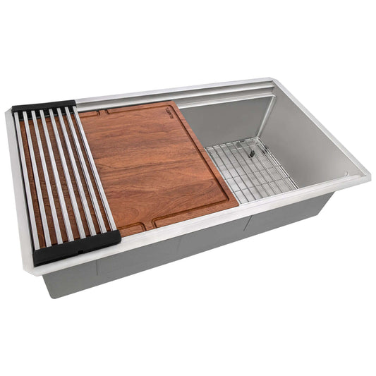 Ruvati 33" Dual-Tier Pro Workstation Kitchen Sink Undermount - RVH6222 with wooden cutting board and drying rack.