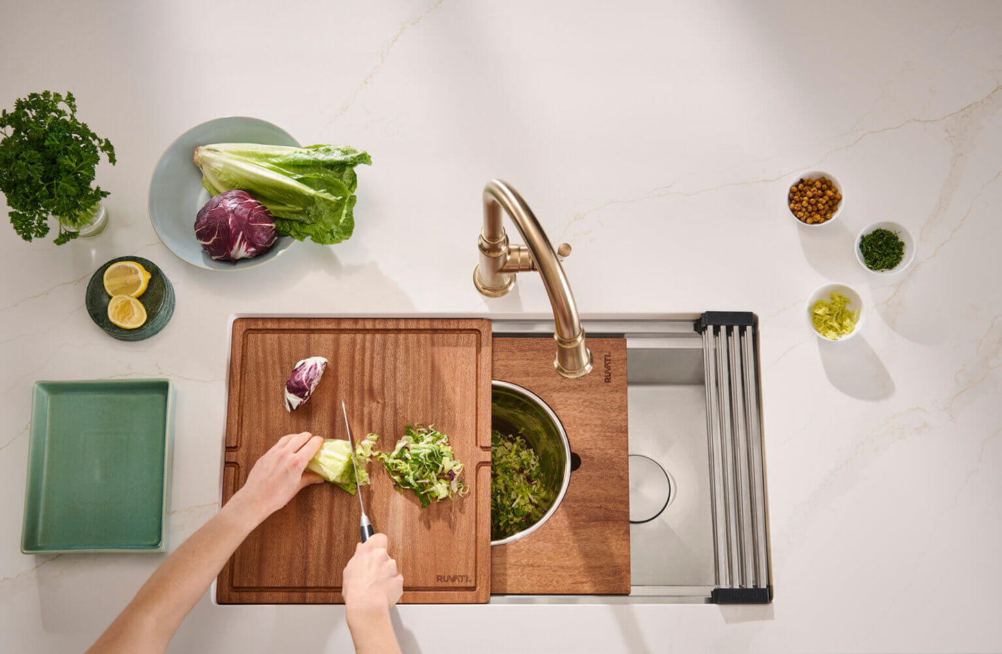 Ruvati 33" Dual-Tier Pro Workstation Kitchen Sink Undermount - RVH6222 with cutting board and fresh vegetables.