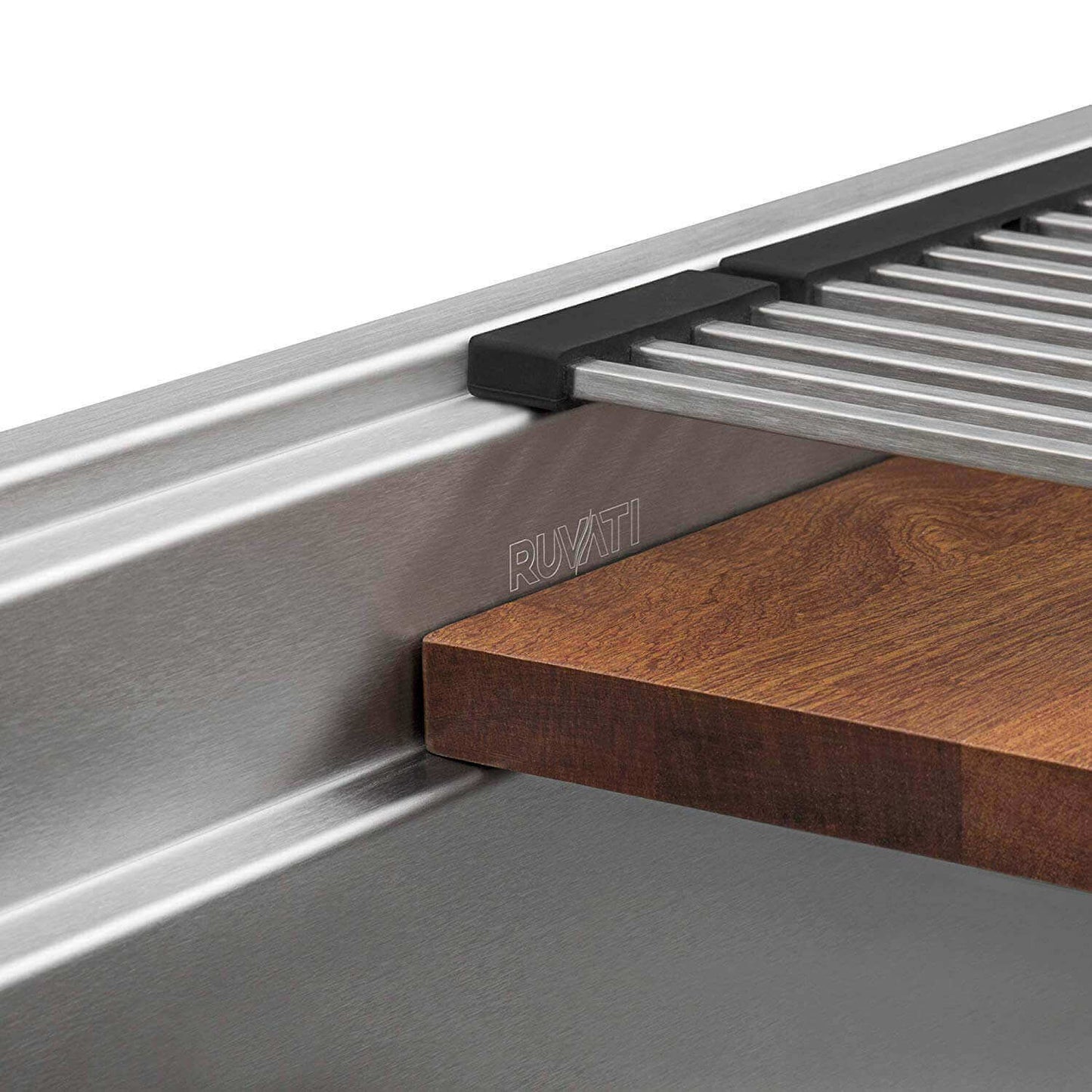 Ruvati 33" Dual-Tier Pro Workstation Kitchen Sink Undermount - RVH6222 showing the patented dual-tier ledge and accessories.