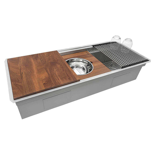 Ruvati 45" Dual-Tier Pro Nano-PVD Workstation Kitchen Sink Undermount - RVH6333 with wooden cutting board and accessories.