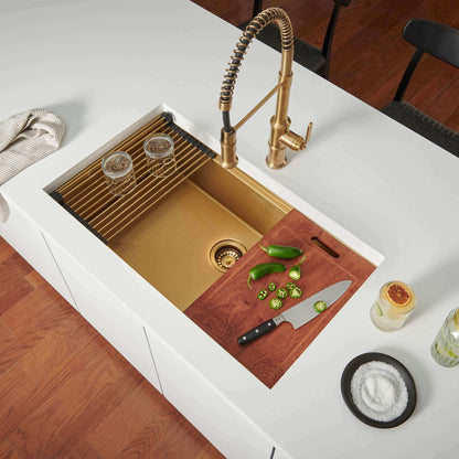 Ruvati 33" Giana Nano-PVD Workstation Kitchen Sink Undermount - RVH6533 with wood cutting board and fresh vegetables.