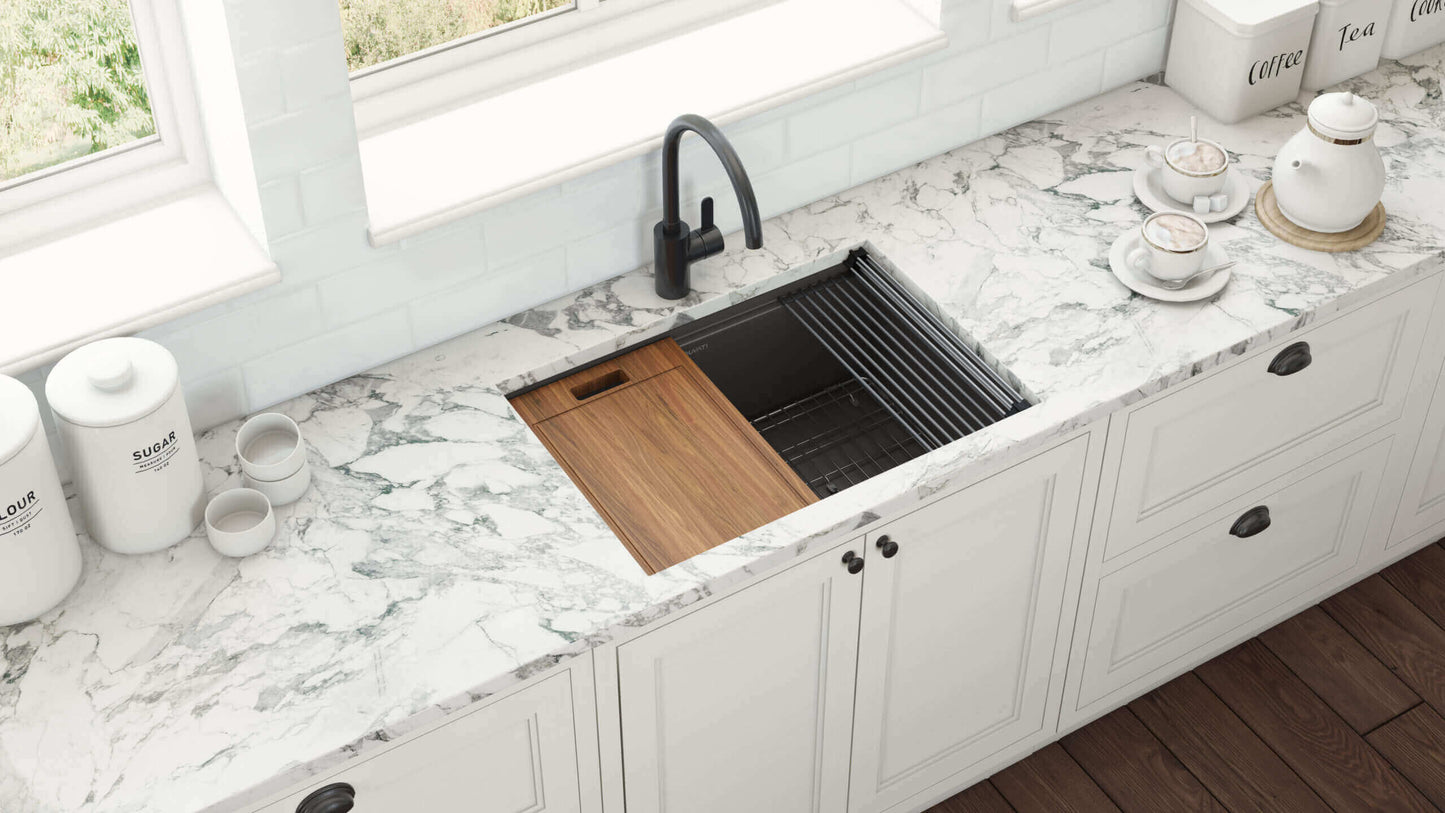 Ruvati 30" Giana Nano-PVD Workstation Kitchen Sink Undermount - RVH6530 in a modern kitchen with marble countertops.