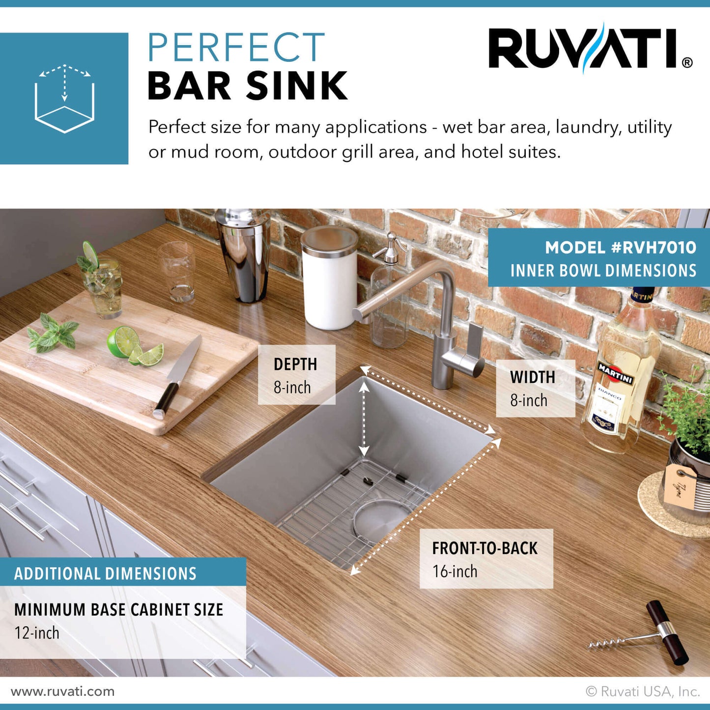Ruvati 10" Gravena Bar Prep Sink Undermount - RVH7010 with dimensions for installation in various spaces.