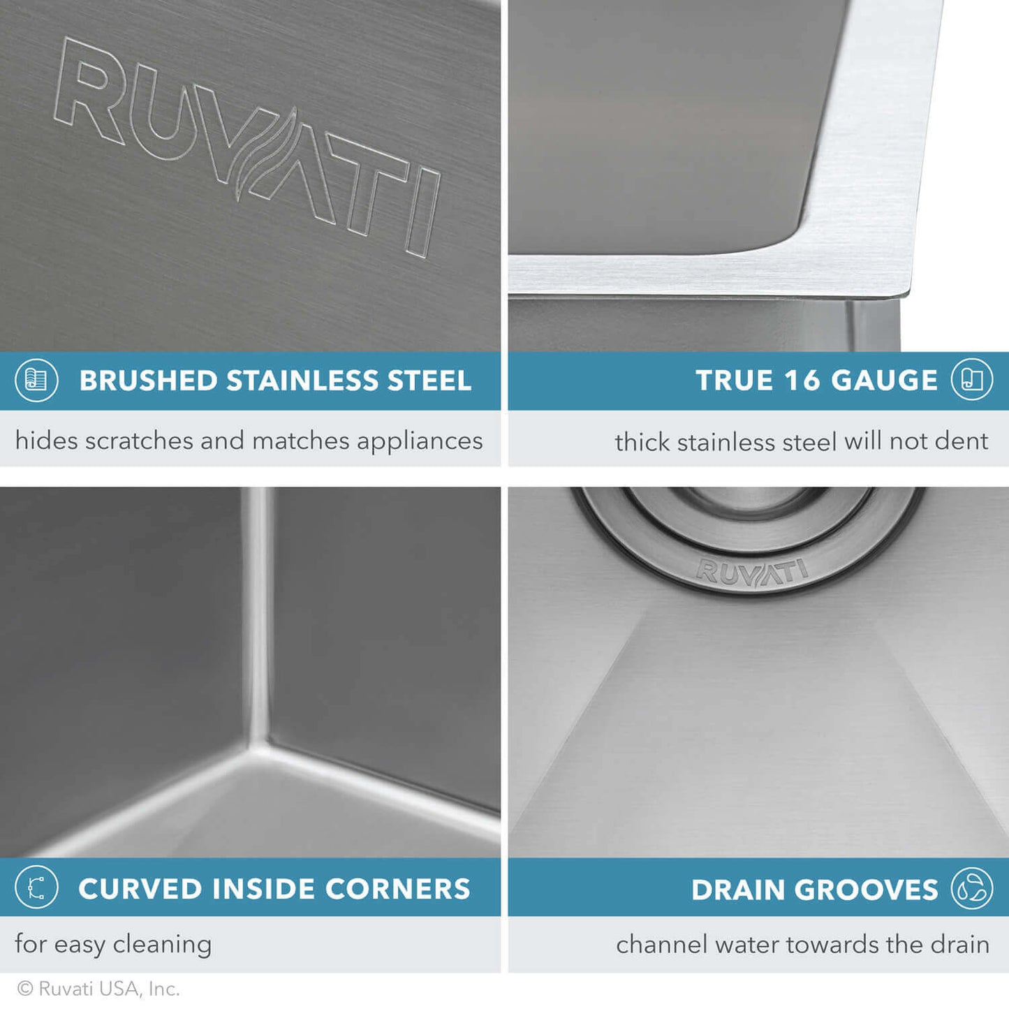 Ruvati 10" Gravena Bar Prep Sink Undermount - RVH7010 features brushed stainless steel, true 16 gauge thickness, curved corners, and drain grooves.