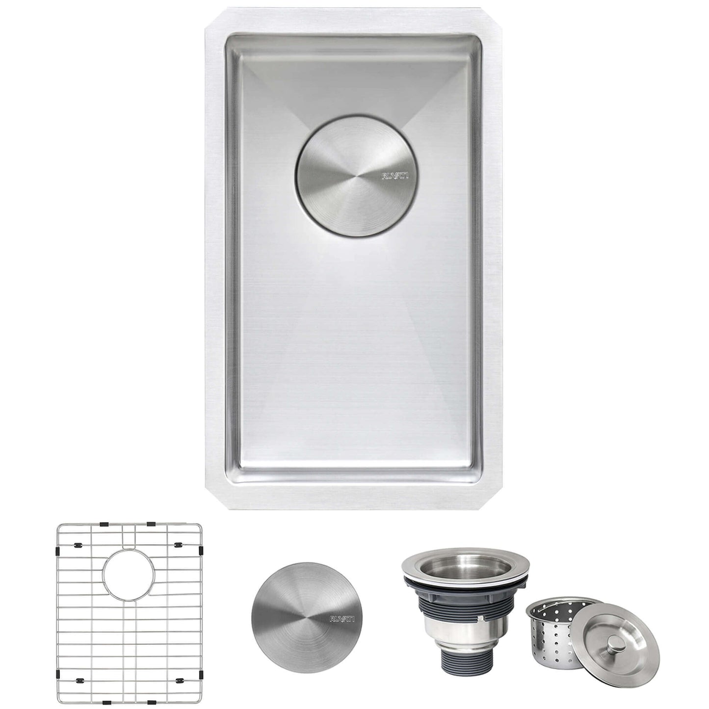 Ruvati 10" Gravena Bar Prep Sink Undermount - RVH7010 with accessories including grid and drain.