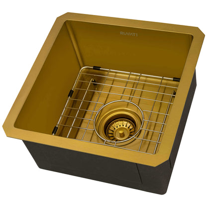 Ruvati 15" Terraza Nano-PVD Bar Prep Sink Undermount - RVH7015 with gold finish and stainless steel accessories.