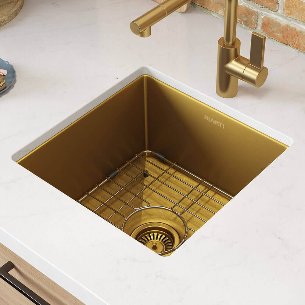 Ruvati 15" Terraza Nano-PVD Bar Prep Sink Undermount - RVH7015 with gold finish and sink grid.