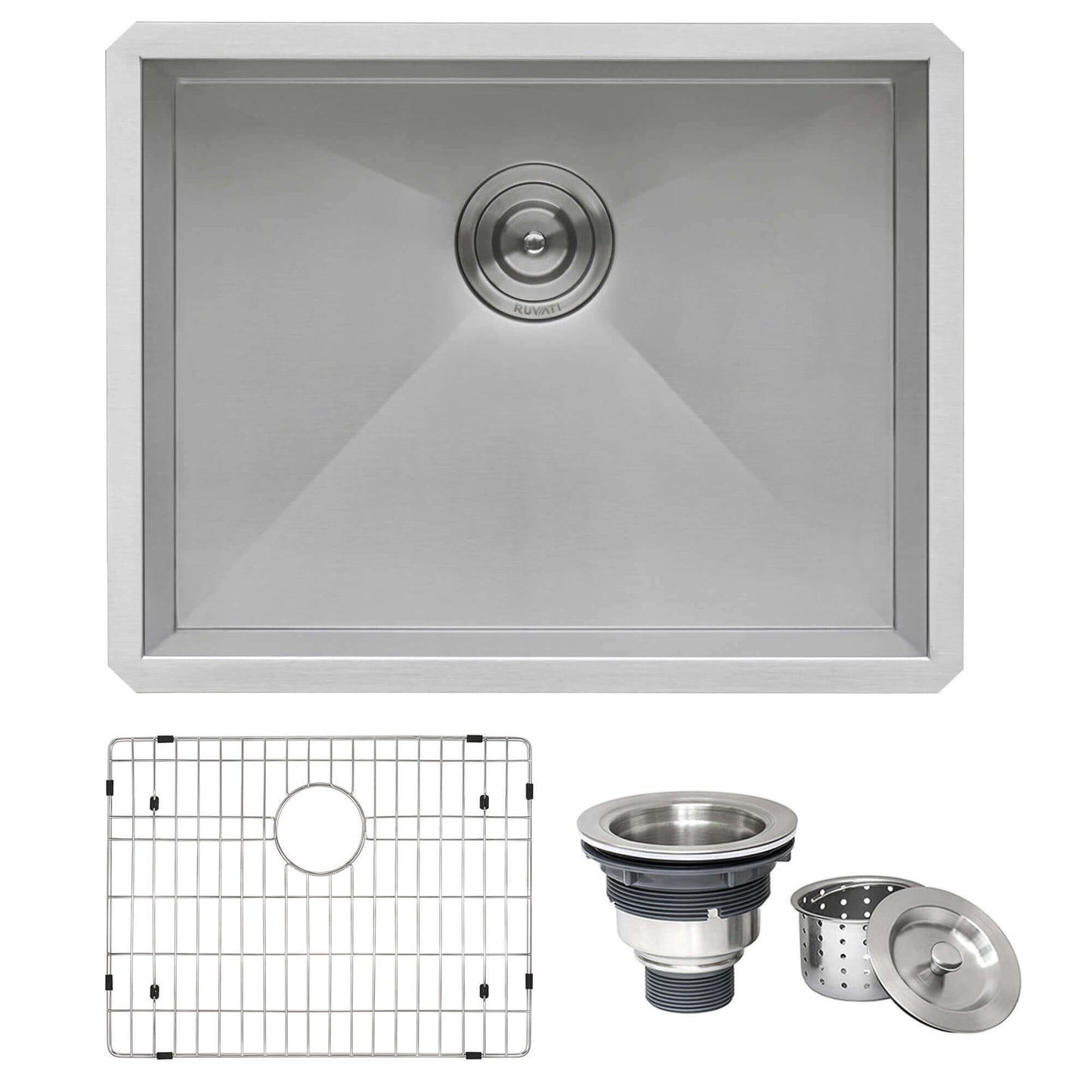 Ruvati 23" Nesta Zero Radius Bar Prep Sink Undermount - RVH7100 with strainer and grid accessories.