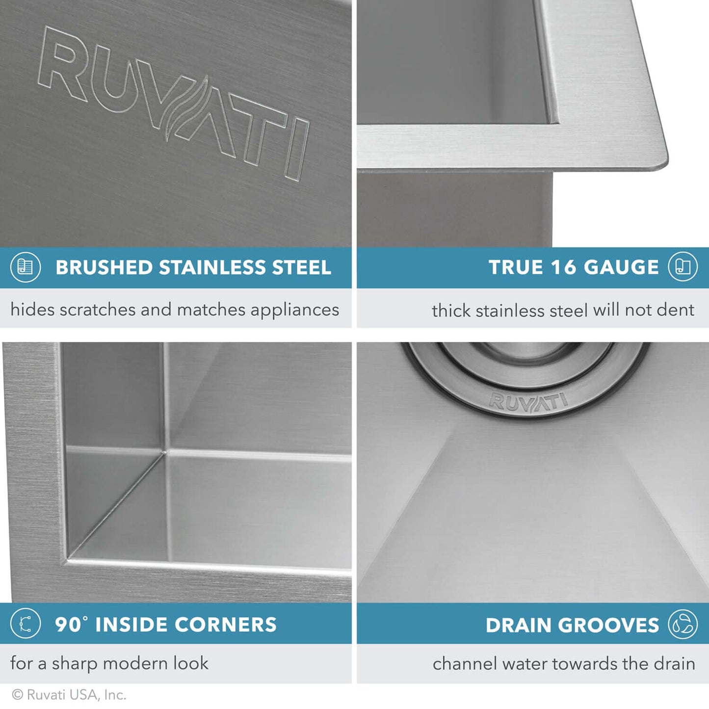Ruvati 23" Nesta Zero Radius Bar Prep Sink Undermount - RVH7100 showing brushed stainless steel and true 16 gauge features.
