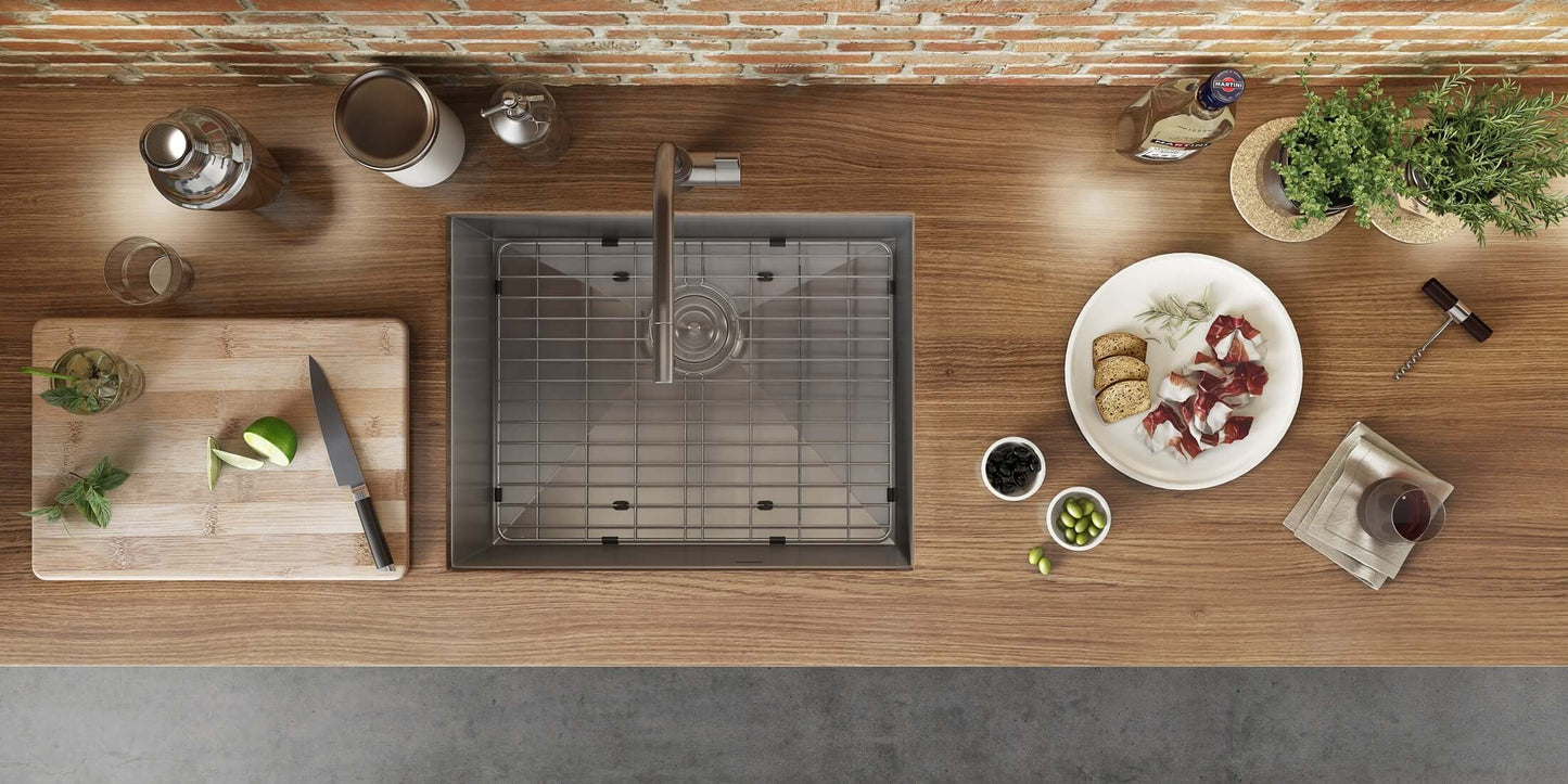 Ruvati 23" Nesta Zero Radius Bar Prep Sink Undermount - RVH7100 shown on a wooden countertop with food preparations.