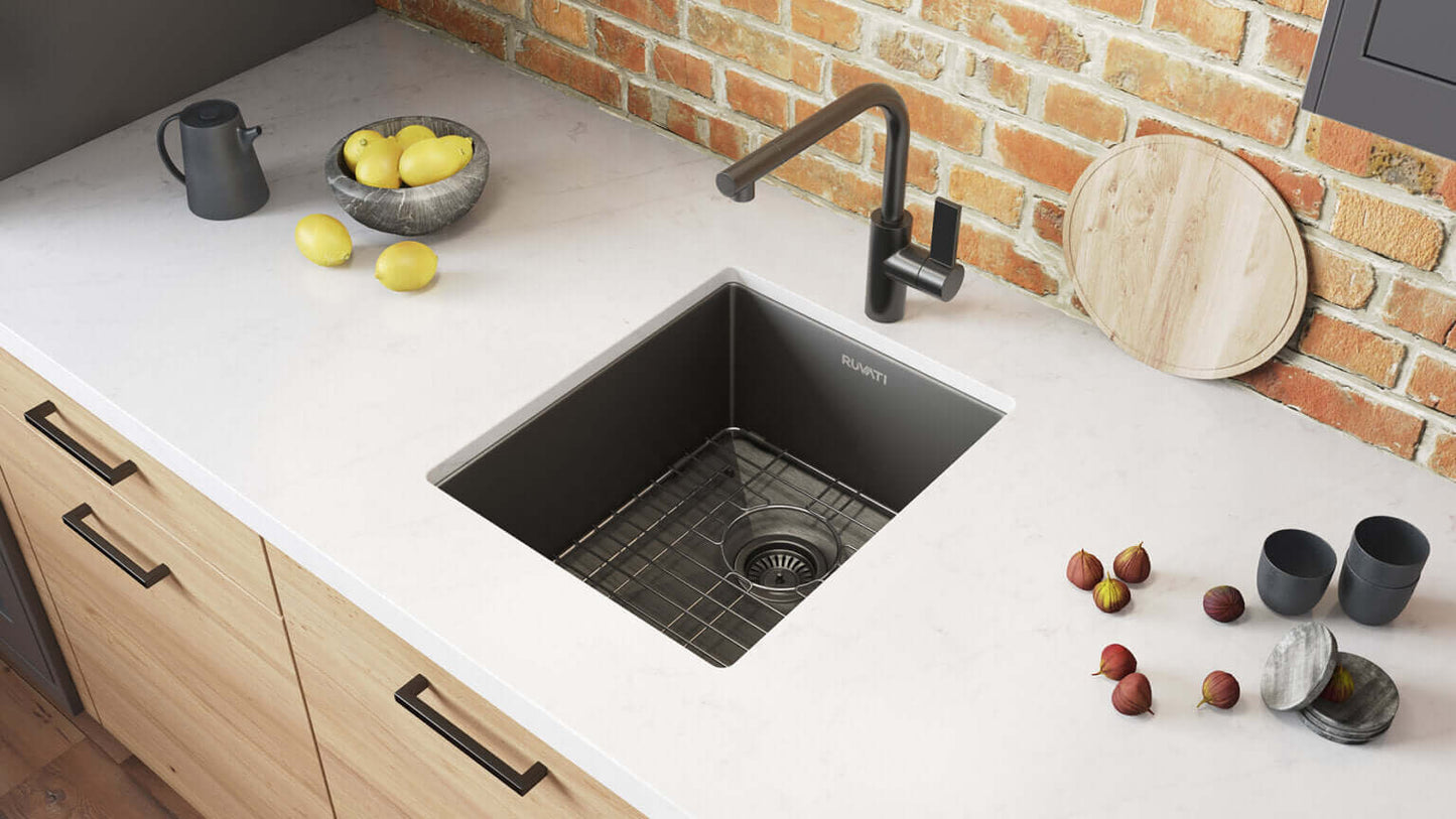 Ruvati 14" Terraza Nano-PVD Bar Prep Sink Undermount - RVH7114 showcased in a modern kitchen setting with accessories.
