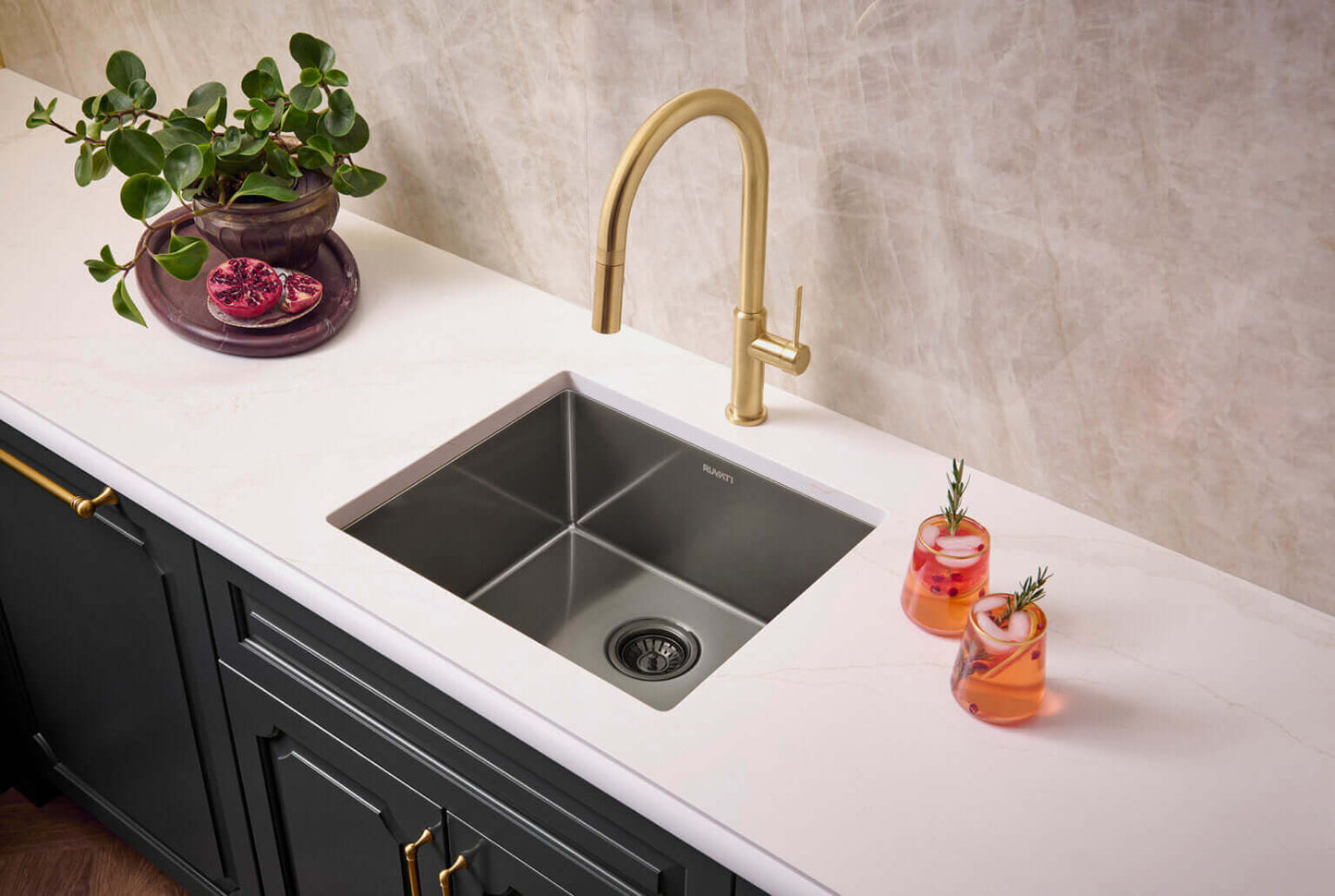 Ruvati 21" Terraza Nano-PVD Bar Prep Sink Undermount - RVH7121 in a modern kitchen setting with drinks and plants.