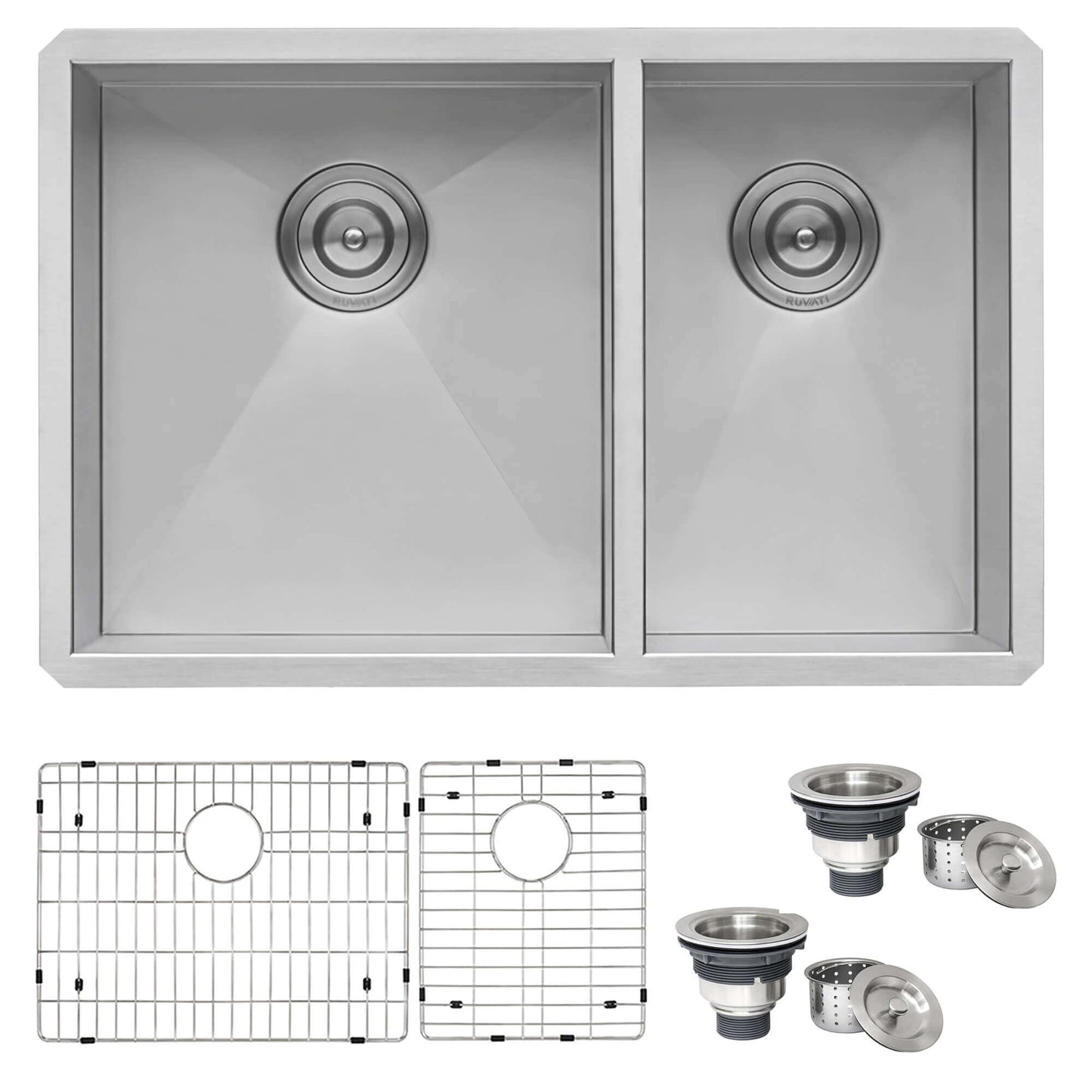 Ruvati 29" Nesta Zero Radius Double Bowl Undermount Kitchen Sink - RVH7200 top view with accessories and grids