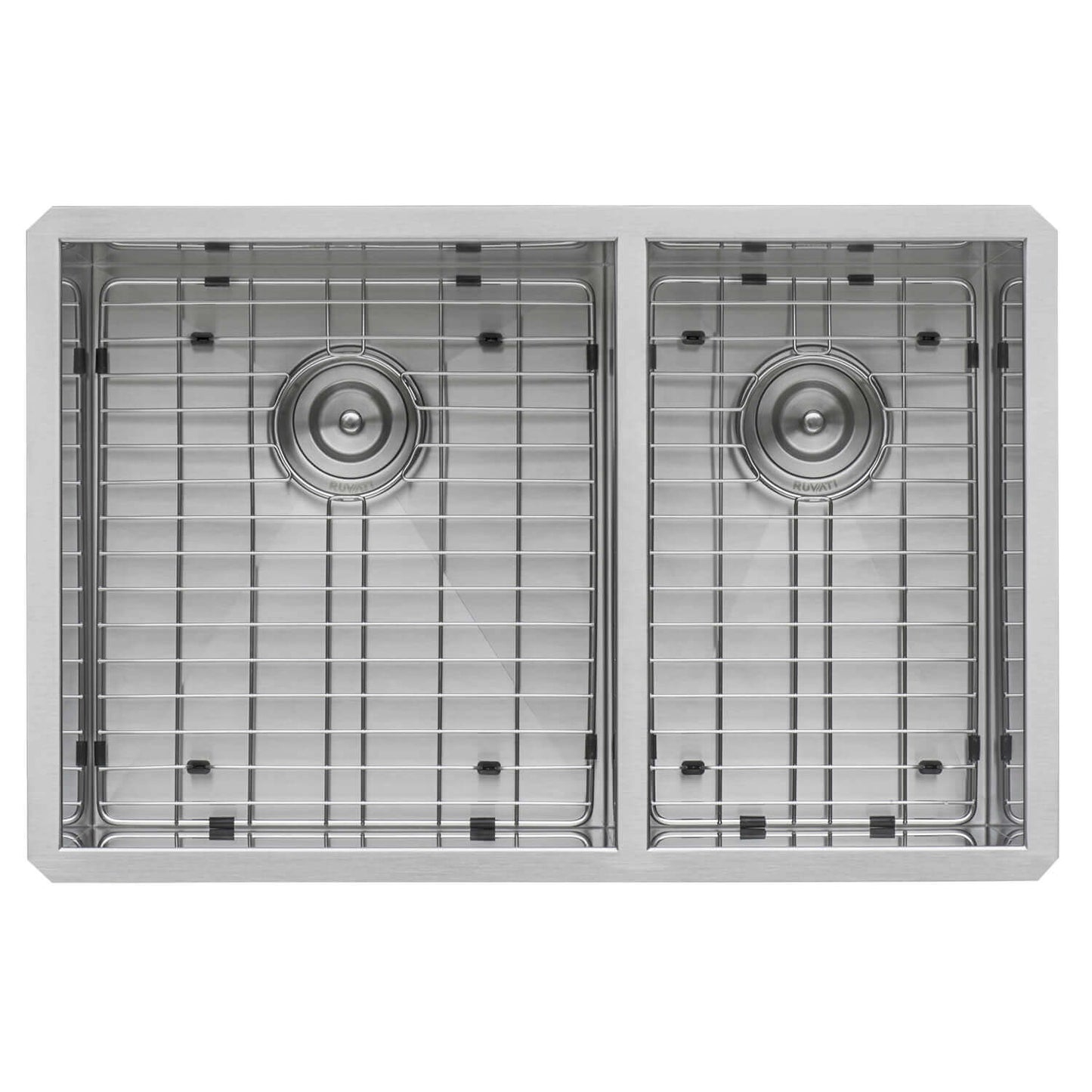 Ruvati 29" Nesta Zero Radius Double Bowl Undermount Kitchen Sink - RVH7200 with double bowls and protective grids.