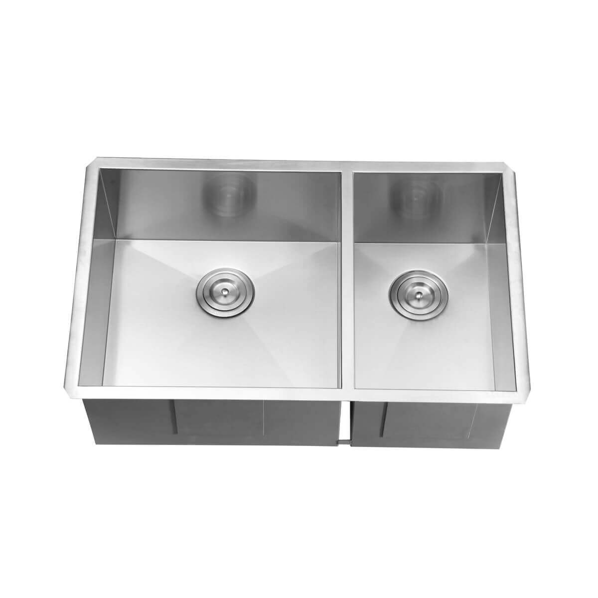 Ruvati 29" Nesta Zero Radius Double Bowl Undermount Kitchen Sink - RVH7200 view showing dual bowls and drain strainers.