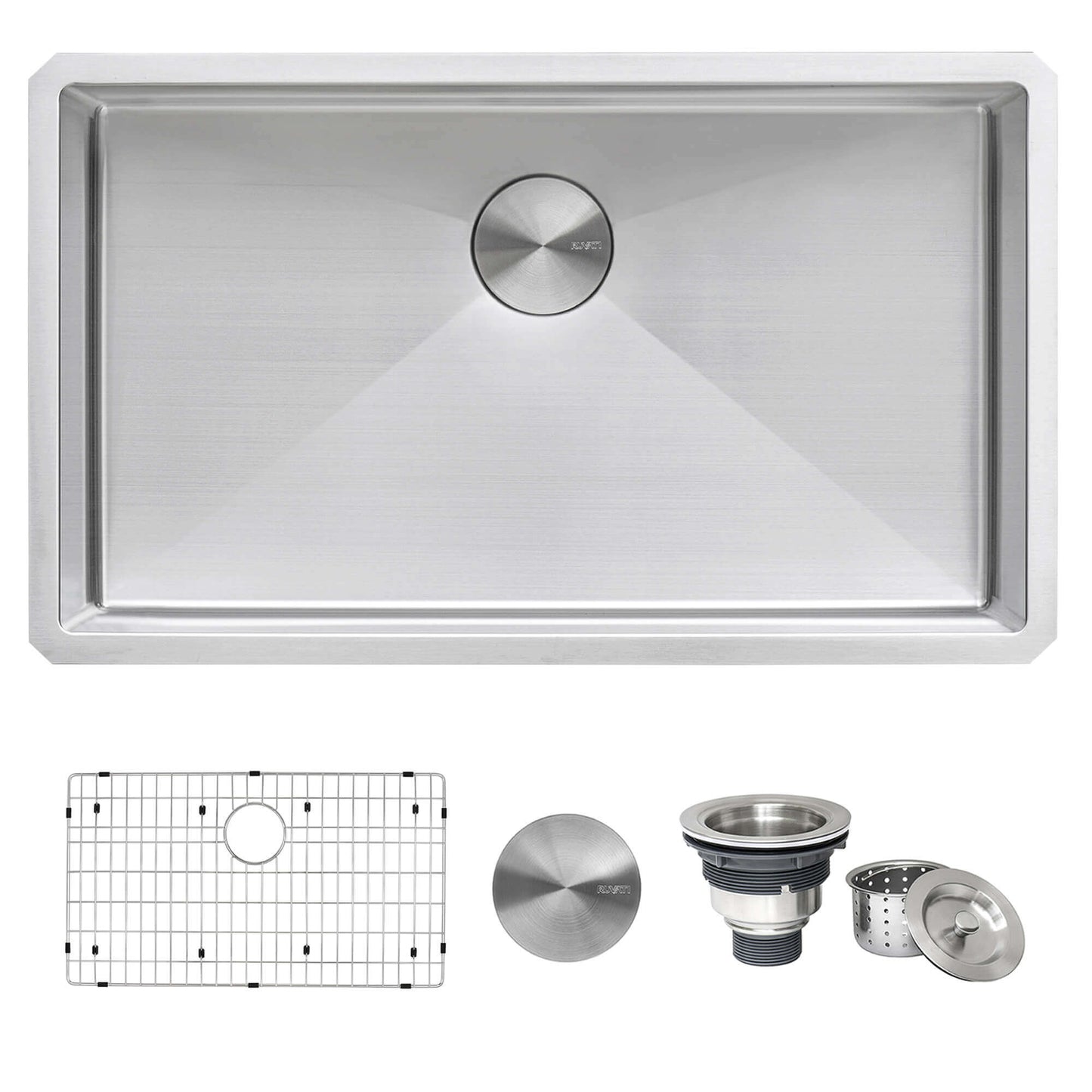 Ruvati 30" Gravena Single Bowl Undermount Kitchen Sink - RVH7300 with accessories and grid mat.