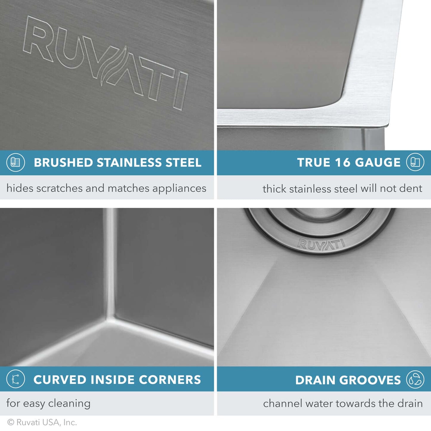Ruvati 30" Gravena Single Bowl Undermount Kitchen Sink - RVH7300 features brushed stainless steel, true 16 gauge, curved corners, and drain grooves.