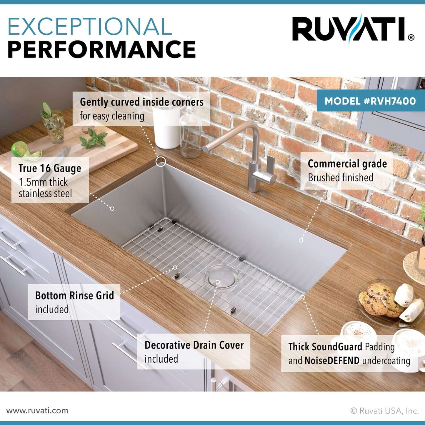 Ruvati 32" Gravena Single Bowl Undermount Kitchen Sink - RVH7400 features, including curved corners, stainless steel, and accessories.