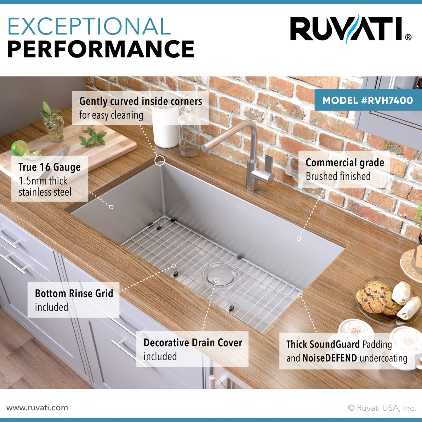 Ruvati 32" Gravena Single Bowl Undermount Kitchen Sink - RVH7400