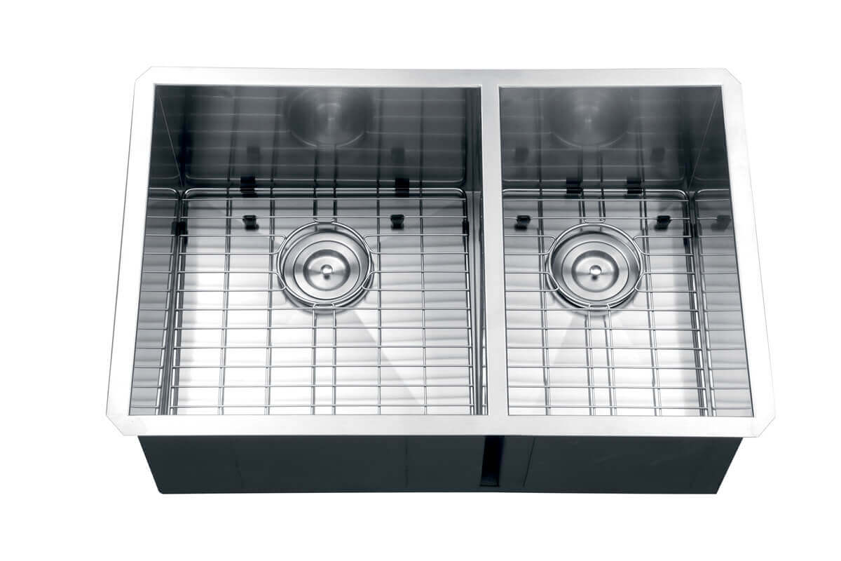 Ruvati 32" Nesta Zero Radius Double Bowl Undermount Kitchen Sink - RVH7515 with dual deep bowls and stainless steel grid.