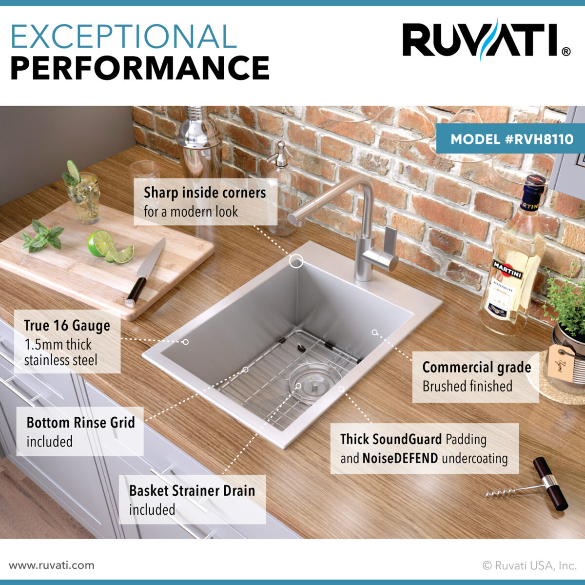 Ruvati 15" x 20" Tirana Stainless Steel Bar Prep Sink Drop-In - RVH8110