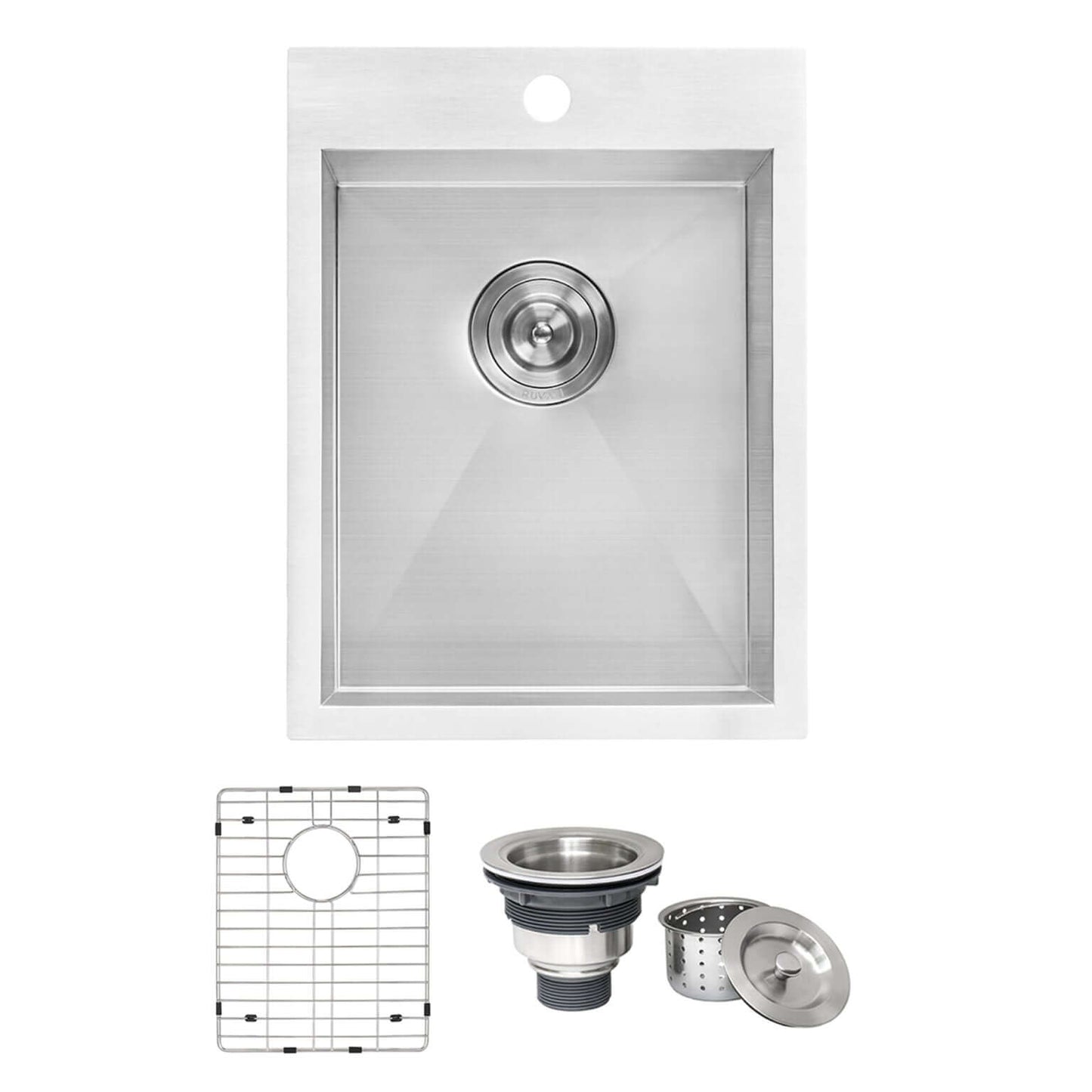 Ruvati 15" x 20" Tirana Stainless Steel Bar Prep Sink Drop-In - RVH8110 with included accessories.