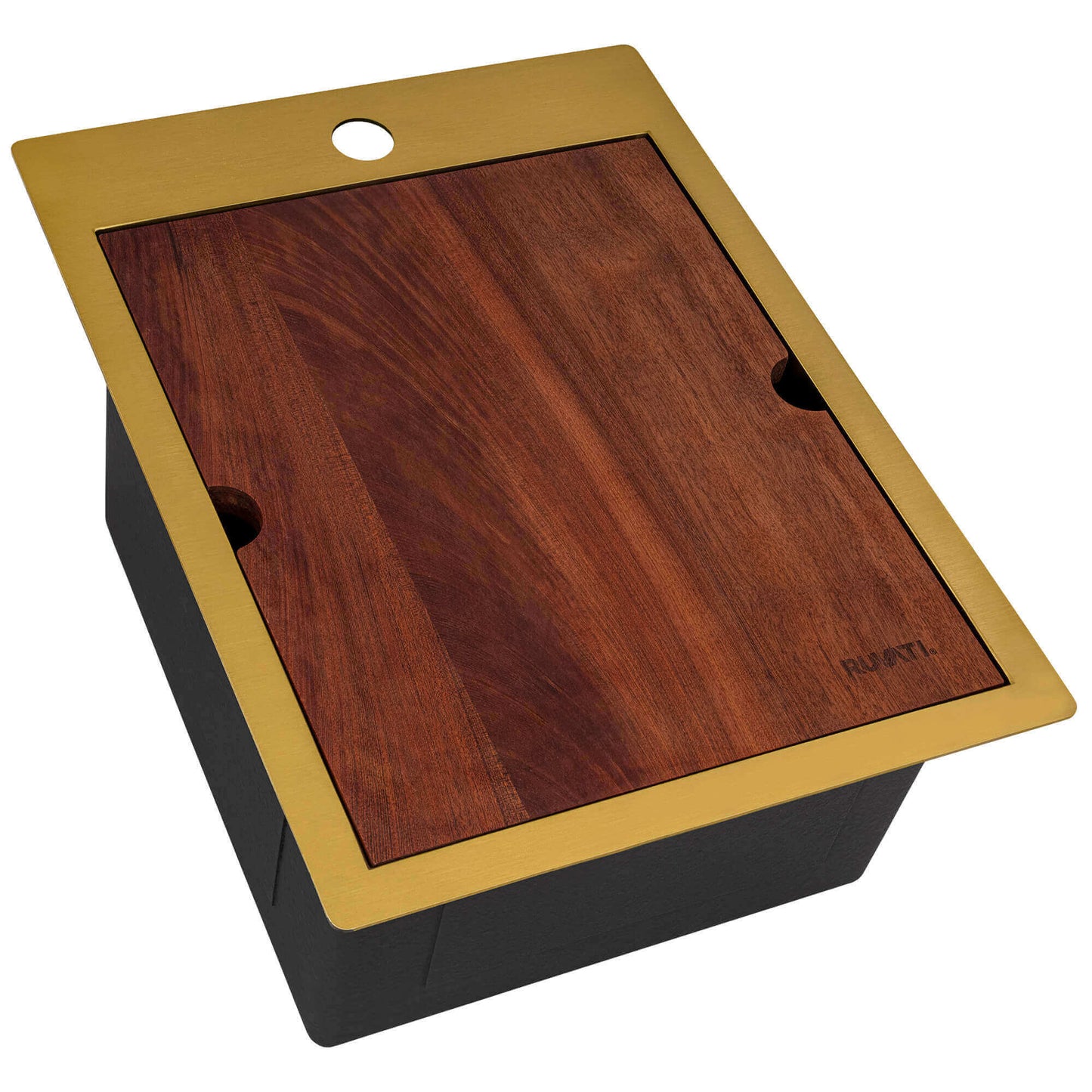 Ruvati 15" x 20" Giana Nano-PVD Workstation Bar Sink Drop-In - RVH8210 with wooden cutting board and gold trim.