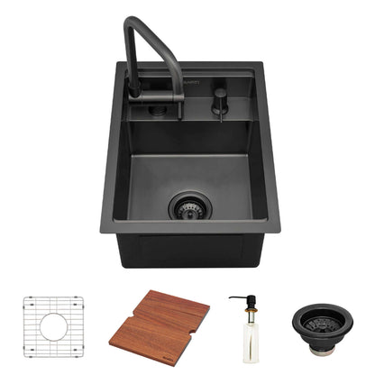 Ruvati 20" Vienna RV Sink with Concealed Faucet - RVH8272 showcasing sink, cutting board, and accessories.