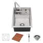 Ruvati 20" Vienna RV Sink with Concealed Faucet - RVH8272 featuring stainless steel sink, concealed faucet, cutting board, and accessories.