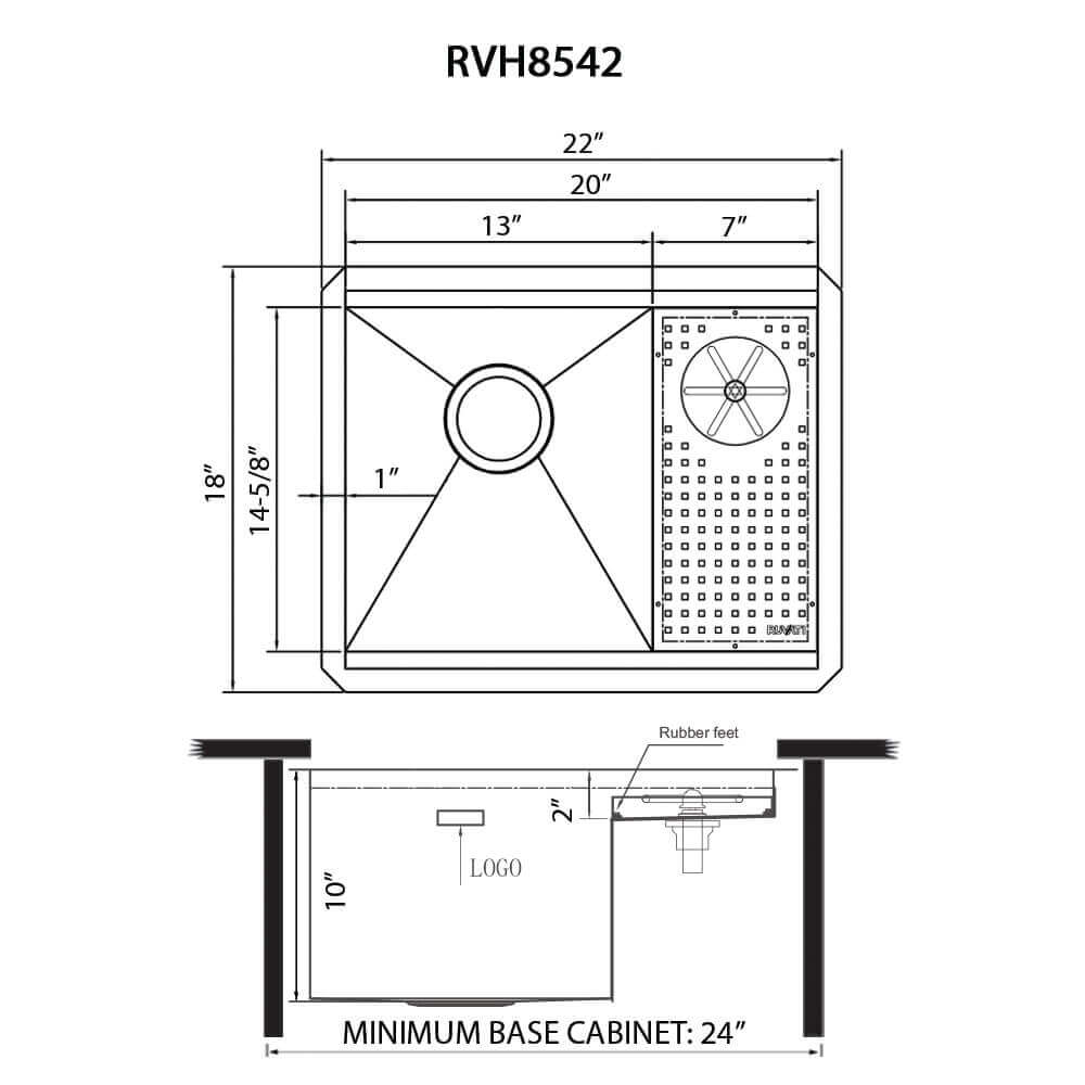 Ruvati 22" Ibiza Glass Rinser Bar Sink Workstation Undermount - RVH8542ST dimension diagram with measurements.