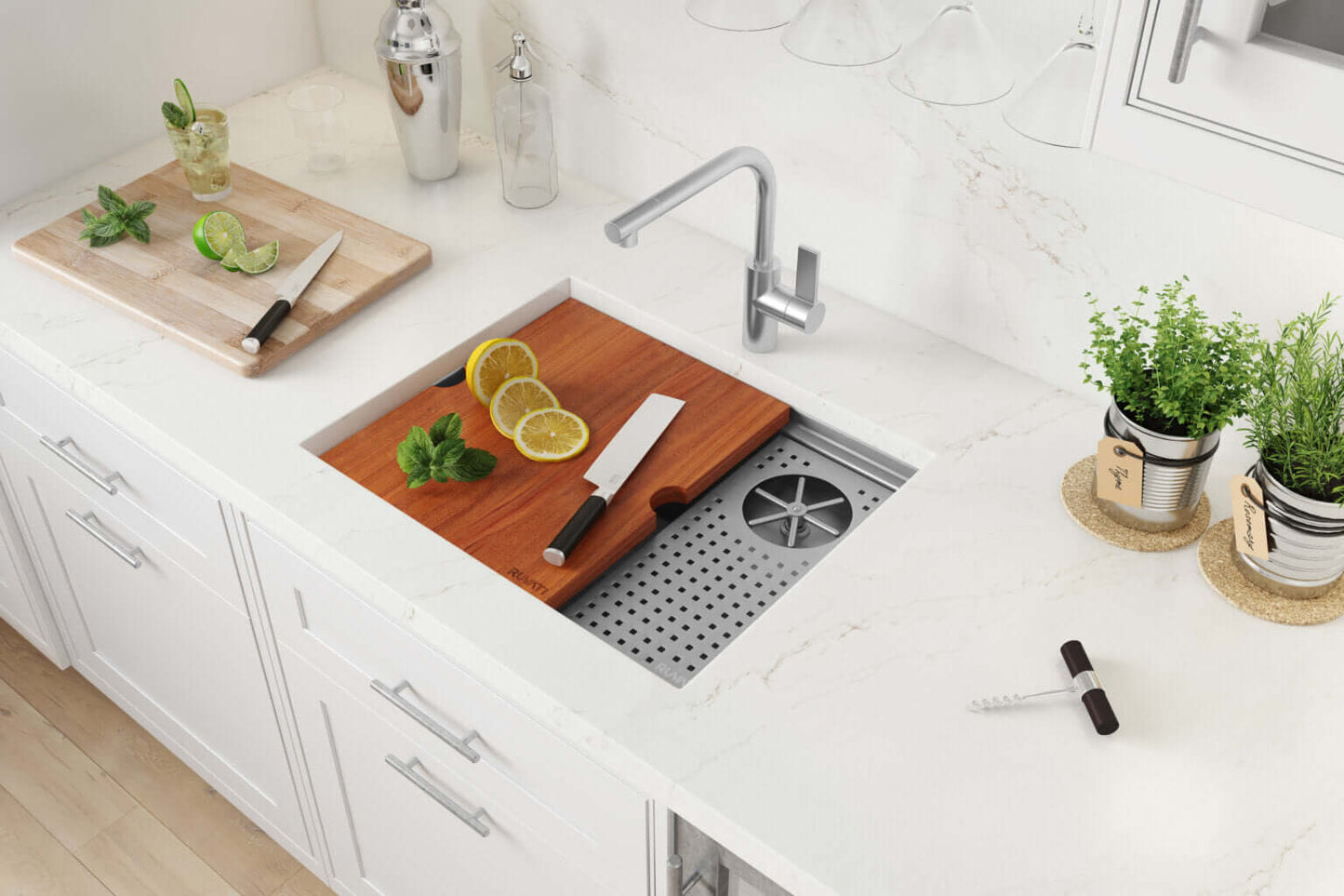 Ruvati 22" Ibiza Glass Rinser Bar Sink Workstation Undermount - RVH8542ST with cutting board and fresh ingredients.