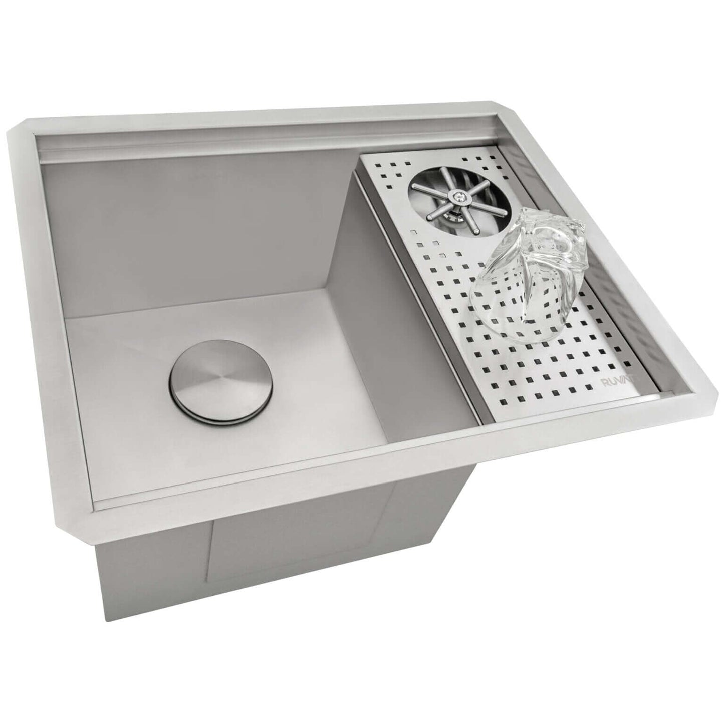 Ruvati 22" Ibiza Glass Rinser Bar Sink Workstation Undermount - RVH8542ST with integrated glass rinser and drain.