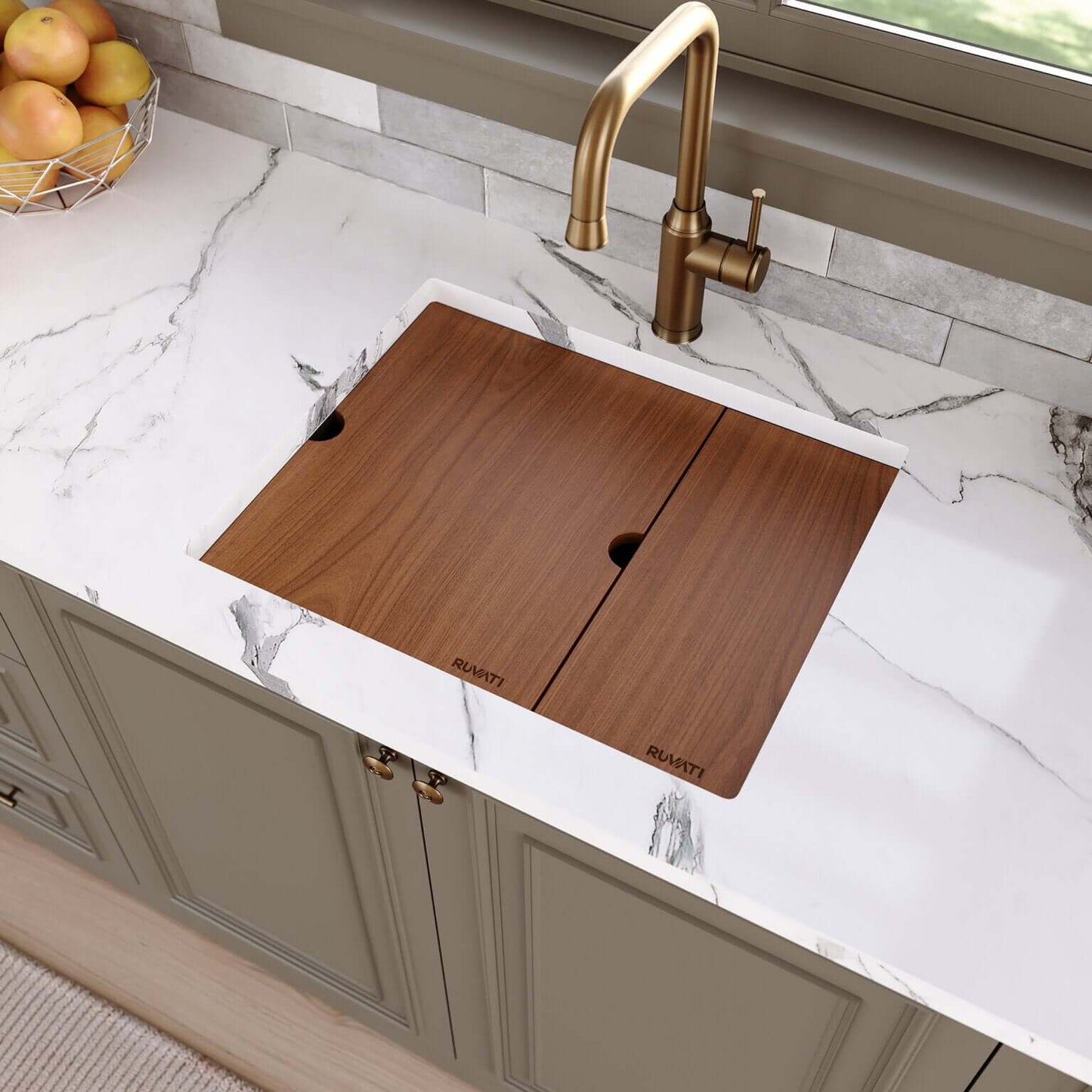 Ruvati 22" Ibiza Glass Rinser Bar Sink Workstation Undermount - RVH8542ST with wooden cutting board on countertop.