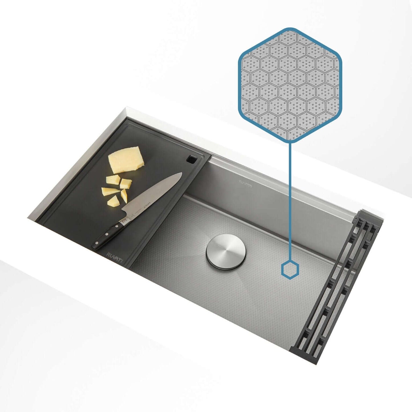 Ruvati 30" Roma Hex LedgeFit® Workstation Kitchen Sink - RVH8630 with hexagonal pattern and cutting board.
