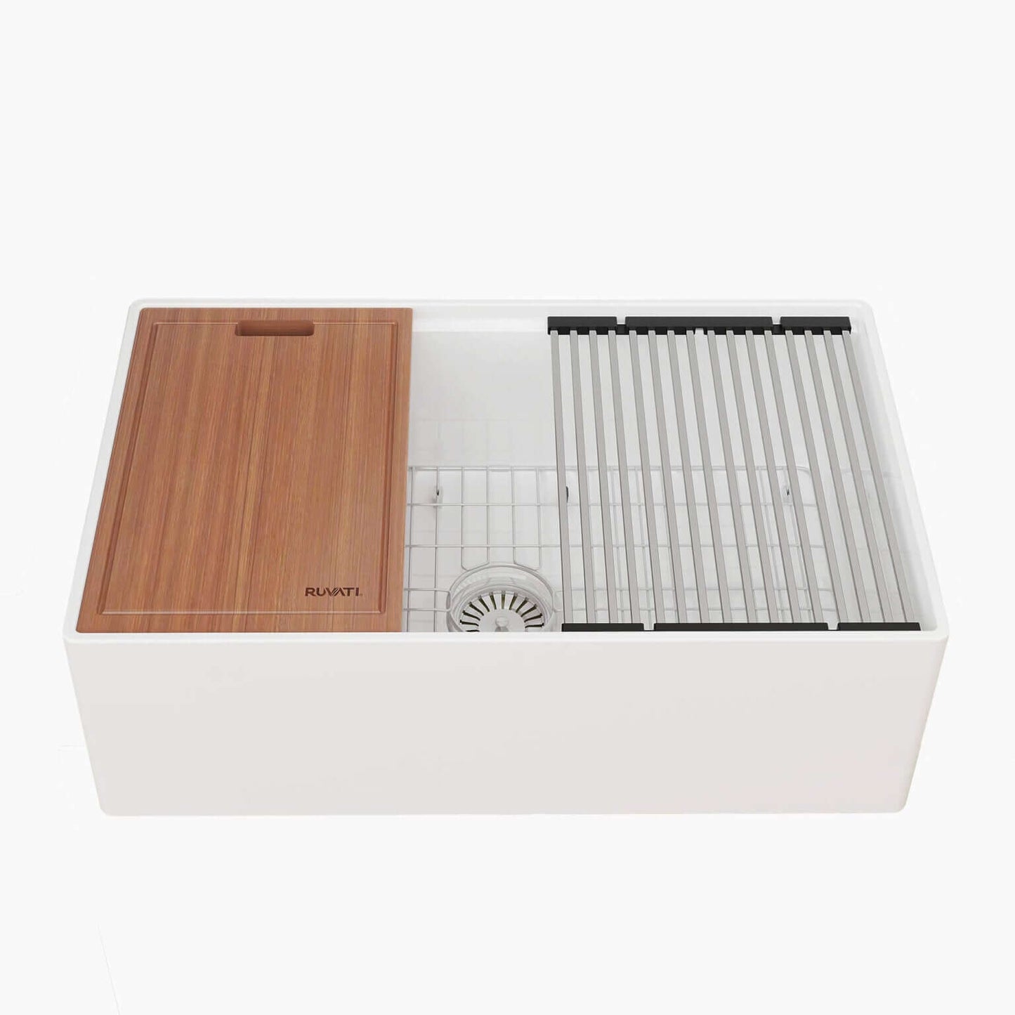 Ruvati 30" Fireclay Workstation Farmhouse Kitchen Sink White - RVL2182WH with bamboo cutting board and accessories