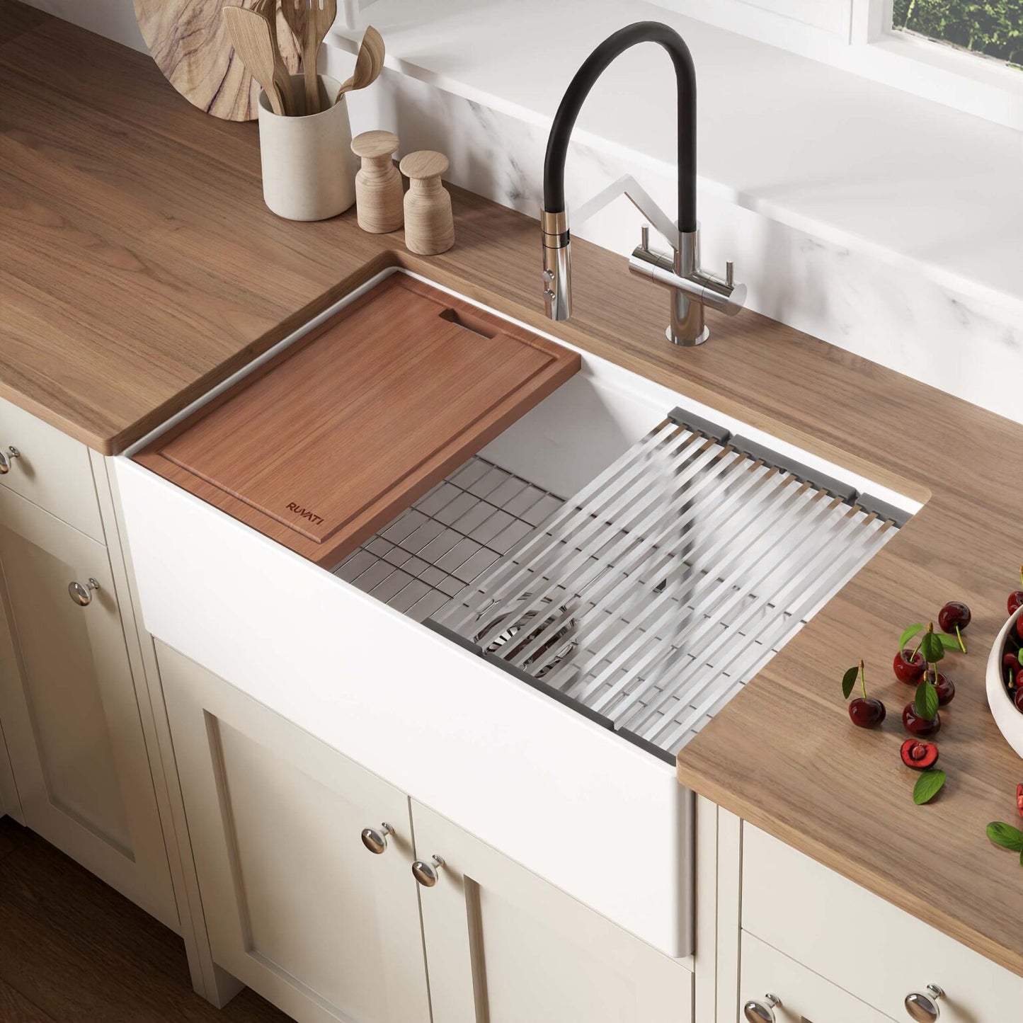 Ruvati 30" Fireclay Workstation Farmhouse Kitchen Sink White - RVL2182WH