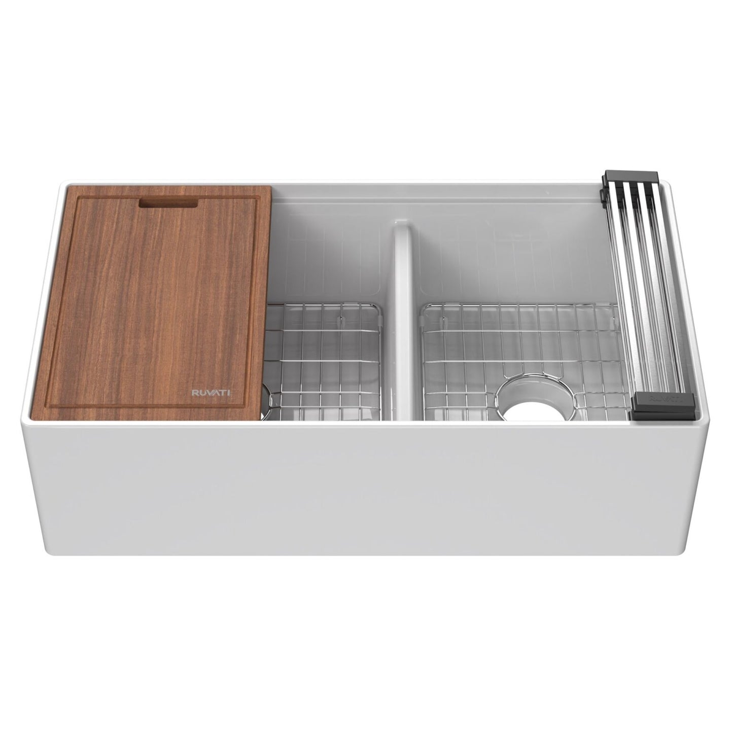 Ruvati 33" Fireclay Workstation Farmhouse Kitchen Sink Double Bowl White - RVL2382WH