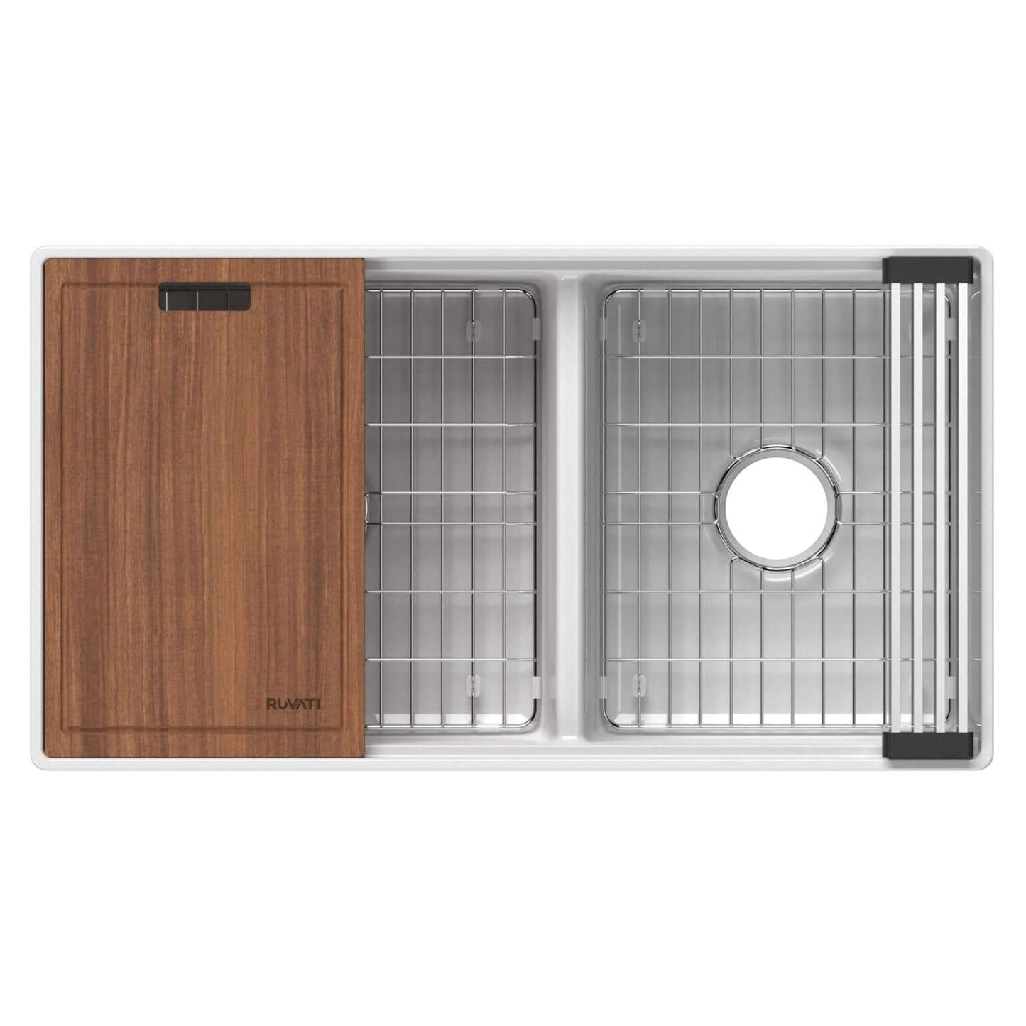 Ruvati 33" Fireclay Workstation Farmhouse Kitchen Sink Double Bowl White - RVL2382WH with wood cutting board and stainless steel grate.