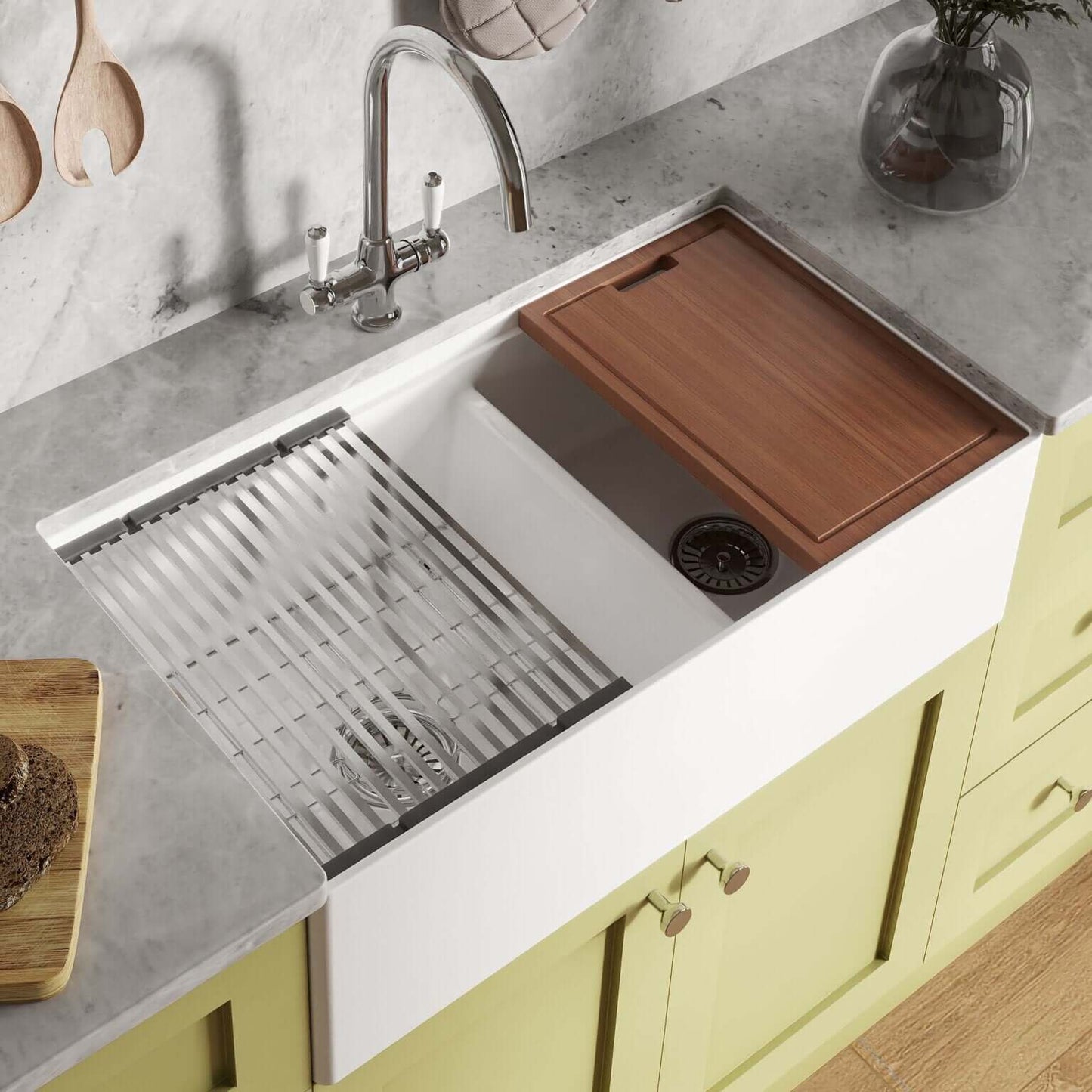 Ruvati 33" Fireclay Workstation Farmhouse Kitchen Sink Double Bowl White - RVL2382WH with wood cutting board on countertop.