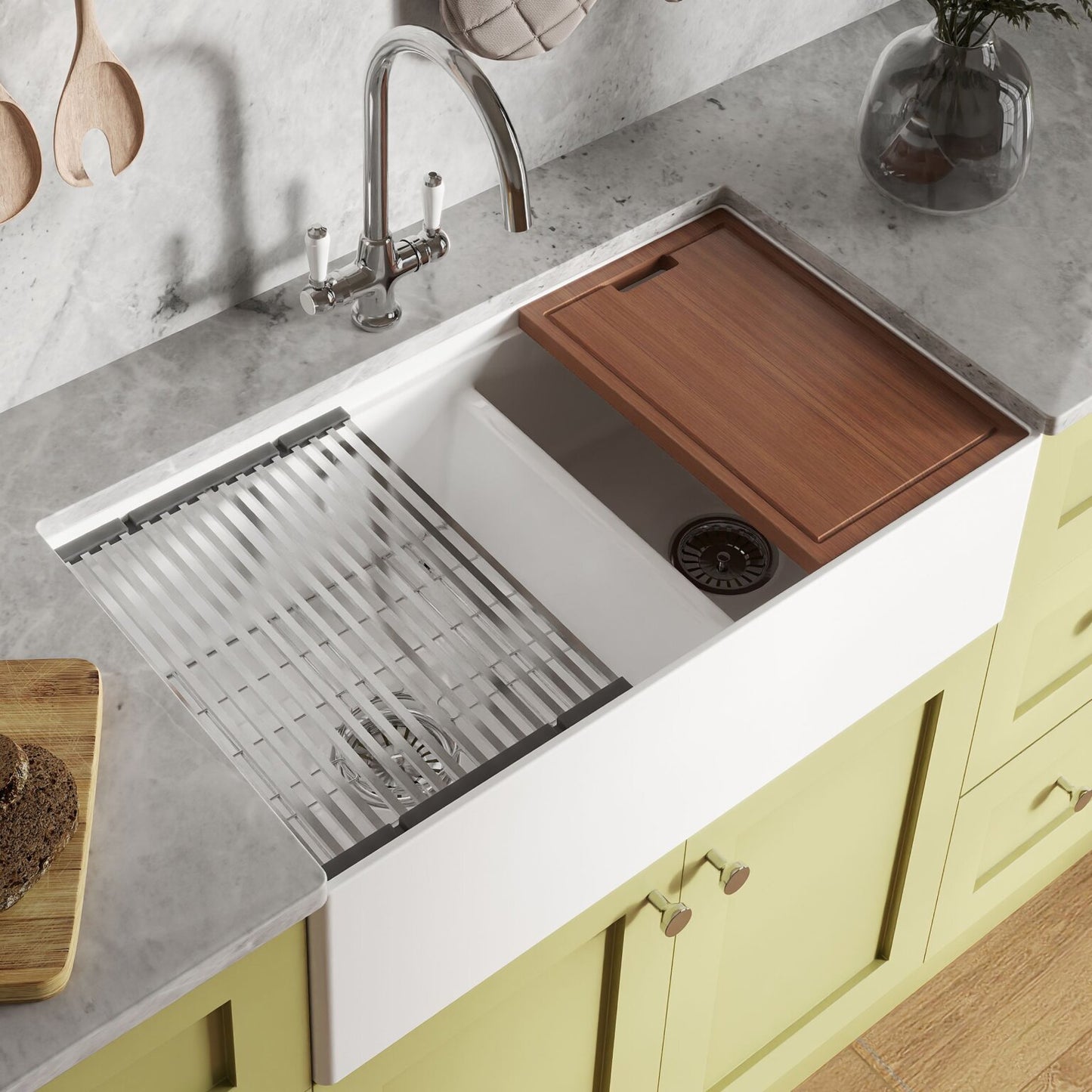 Ruvati 33" Fireclay Workstation Farmhouse Kitchen Sink Double Bowl White - RVL2382WH