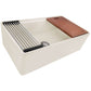 Top angle view of Ruvati 33" Fireclay Farmhouse Workstation sink in Biscuit showing step-rim and accessories