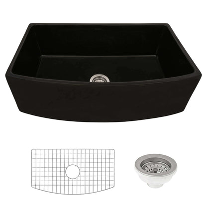 Ruvati 33" Fireclay Bow Front Farmhouse Kitchen Sink - RVL2398 in glossy black with grid and strainer accessories.