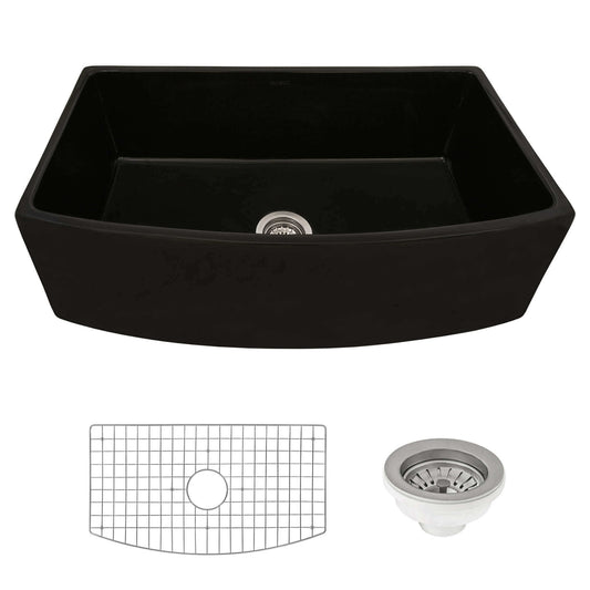 Ruvati 33" Fireclay Bow Front Farmhouse Kitchen Sink - RVL2398 in glossy black with grid and strainer accessories.