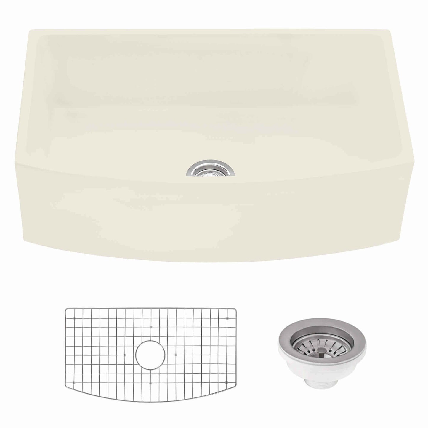 Ruvati 33" Fireclay Bow Front Farmhouse Kitchen Sink - RVL2398 in Biscuit color with grid and drain accessories.