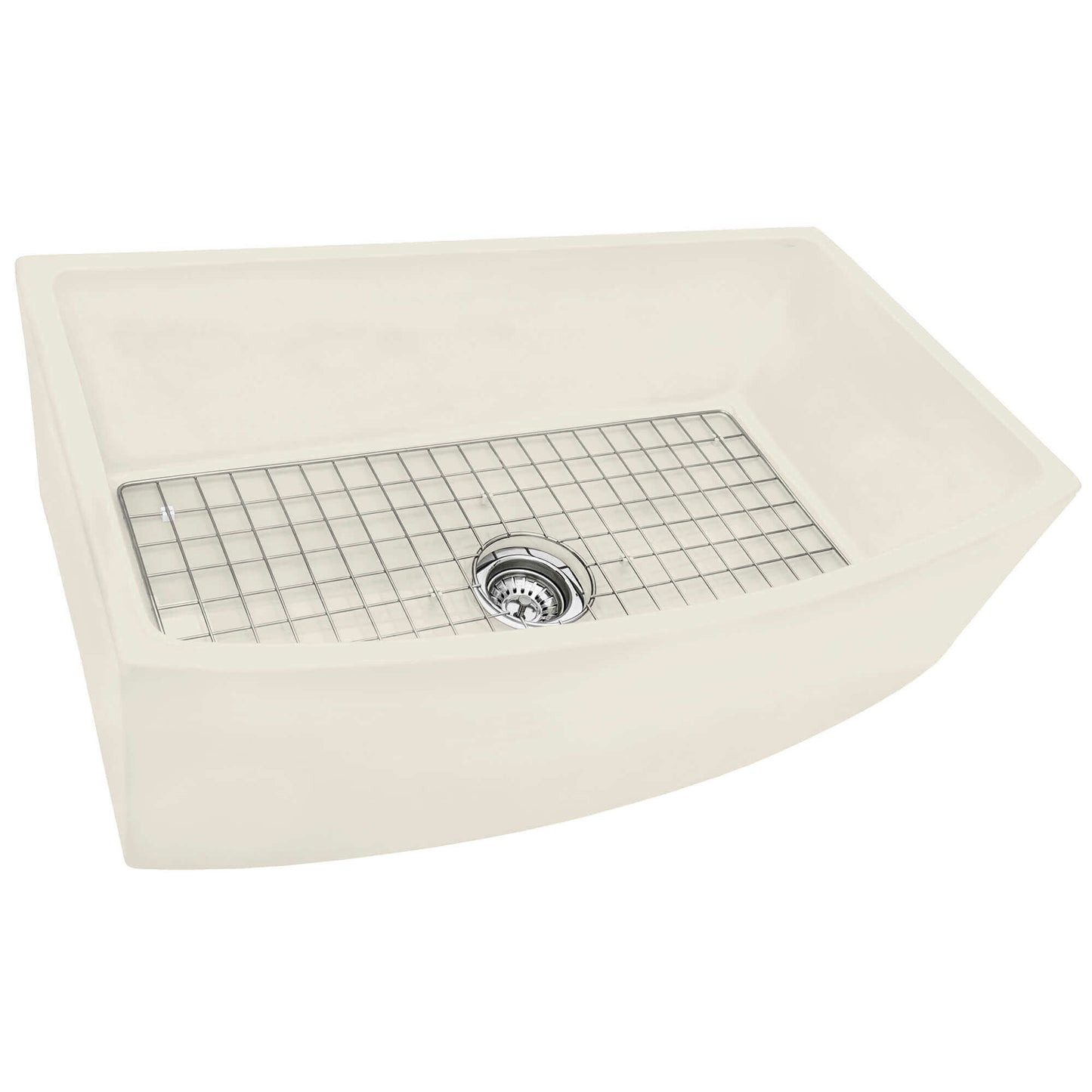 Ruvati 33" Fireclay Bow Front Farmhouse Kitchen Sink - RVL2398 with a grid and stylish curved bow front.