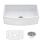 Ruvati 33" Fireclay Bow Front Farmhouse Kitchen Sink - RVL2398 with curved bow front, white finish, grid, and drain assembly.