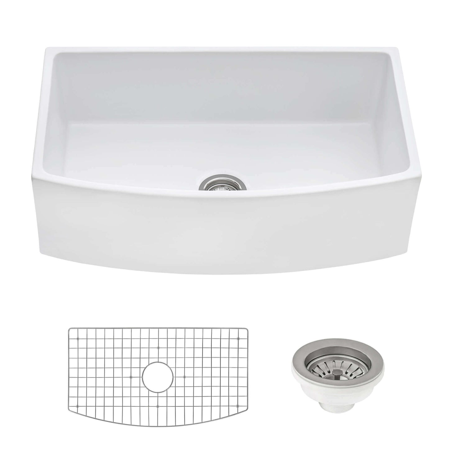 Ruvati 33" Fireclay Bow Front Farmhouse Kitchen Sink - RVL2398 with curved bow front, white finish, grid, and drain assembly.