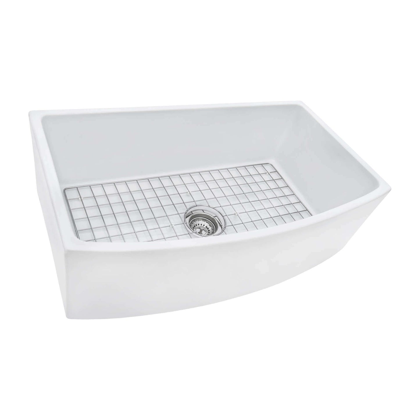 Ruvati 33" Fireclay Bow Front Farmhouse Kitchen Sink - RVL2398 with grid and drain, featuring a curved bow front design.